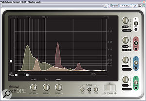 На дисплее анализатора спектра вы можете увидеть взаимосвязь между частотными диапазонами ударного барабана (желтый след) и бас-гитары (красный след)